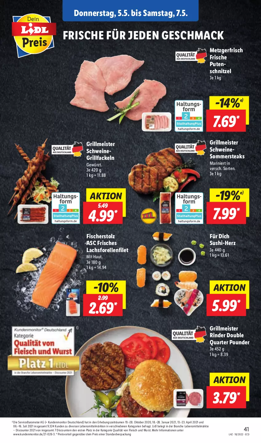 Aktueller Prospekt Lidl - Aktionsprospekt - von 02.05 bis 07.05.2022 - strona 43 - produkty: discount, eis, elle, filet, fisch, fische, Fischer, fleisch, forelle, gewürz, grill, grillfackeln, lachs, lebensmittel, mac, Meister, monitor, preisvorteil, pril, pute, putenschnitzel, reis, rel, rind, rinder, schnitzel, schwein, schweine, steak, steaks, Sushi, Ti, wein, weine, wurst