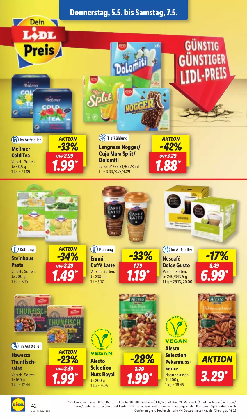 Aktueller Prospekt Lidl - Aktionsprospekt - von 02.05 bis 07.05.2022 - strona 44 - produkty: alesto, brut, caffè latte, dolce gusto, eis, Elektro, elle, emmi, ente, fisch, hawesta, HP, langnese, latte, Laufen, Meßmer, natur, Nescafé, nogger, nuss, pasta, salat, steinhaus, studentenfutter, teller, thunfisch, Ti