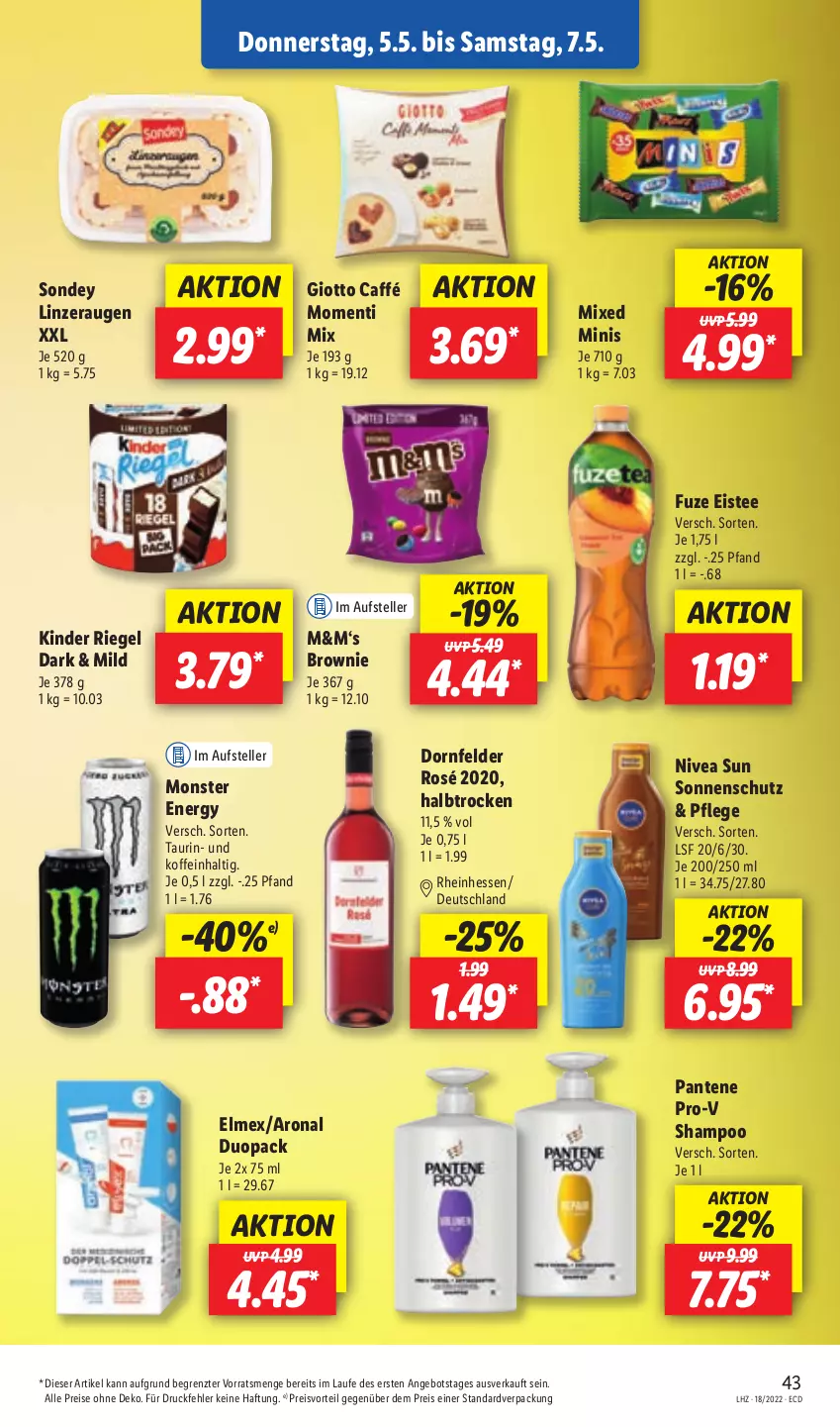 Aktueller Prospekt Lidl - Aktionsprospekt - von 02.05 bis 07.05.2022 - strona 45 - produkty: angebot, brownie, dornfelder, eis, eistee, elle, elmex, giotto, Kinder, kinder riegel, monster, Monster Energy, nivea, nivea sun, pantene, pantene pro-v, preisvorteil, pro-v, reis, riegel, shampoo, Sondey, sonnenschutz, tee, teller, Ti, ZTE