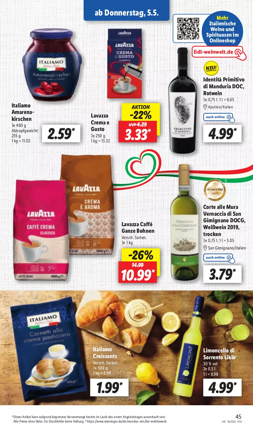 Aktueller Prospekt Lidl - Aktionsprospekt - von 02.05 bis 07.05.2022 - strona 47 - produkty: ACC, angebot, bohne, bohnen, Croissant, croissants, eis, italiamo, kirsch, kirsche, kirschen, lavazza, likör, limo, primitivo, reis, Ria, rotwein, spirituosen, Ti, wein, weine, Weißwein, ZTE