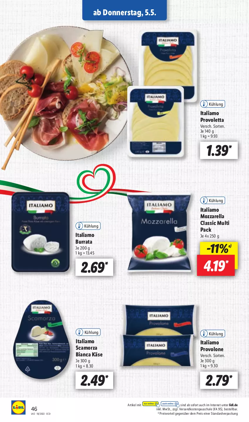 Aktueller Prospekt Lidl - Aktionsprospekt - von 02.05 bis 07.05.2022 - strona 48 - produkty: Burrata, eis, italiamo, Käse, mozzarella, ndk, preisvorteil, Provolone, reis, rel, Scamorza, Schal, Schale, Ti