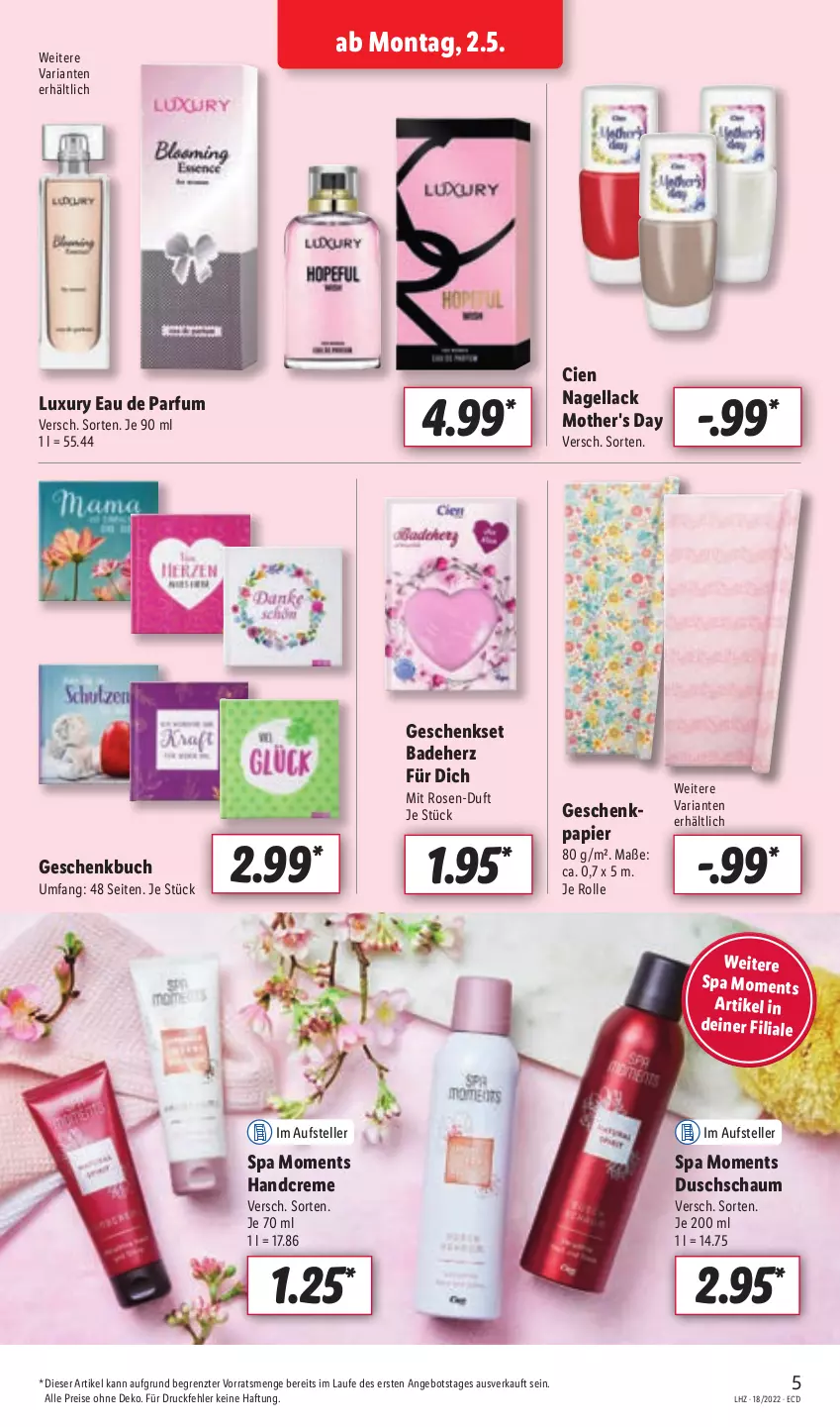 Aktueller Prospekt Lidl - Aktionsprospekt - von 02.05 bis 07.05.2022 - strona 5 - produkty: angebot, Bad, buch, Cien, creme, Eau de parfum, eis, elle, geschenkset, handcreme, lack, Nagellack, papier, parfum, reis, Ria, rosen, teller, Ti, ZTE