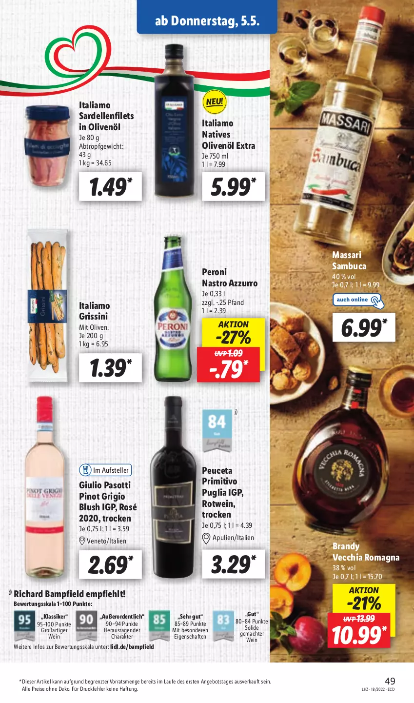 Aktueller Prospekt Lidl - Aktionsprospekt - von 02.05 bis 07.05.2022 - strona 51 - produkty: angebot, chia, dell, eis, elle, filet, filets, grissini, in olivenöl, italiamo, mac, natives olivenöl, olive, oliven, olivenöl, olivenöl extra, Peroni, Pinot, pinot grigio, primitivo, reis, rotwein, sambuca, Sardellen, teller, Ti, Vecchia Romagna, wein, ZTE