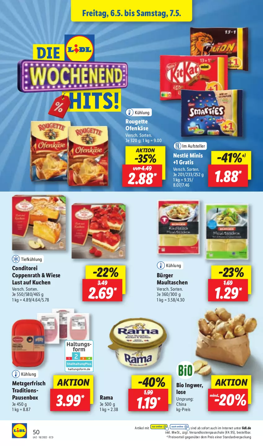 Aktueller Prospekt Lidl - Aktionsprospekt - von 02.05 bis 07.05.2022 - strona 52 - produkty: bio, coppenrath, eis, elle, ingwer, Käse, kuchen, Lust auf Kuchen, maultaschen, ndk, nestlé, Ofen, Ofenkäse, preisvorteil, rama, reis, rouge, rougette, Schal, Schale, Tasche, taschen, teller, Ti