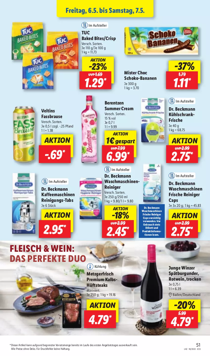 Aktueller Prospekt Lidl - Aktionsprospekt - von 02.05 bis 07.05.2022 - strona 53 - produkty: angebot, Bad, banane, bananen, berentzen, bites, brause, burgunder, Cap, Dr. Beckmann, eis, elle, fassbrause, fleisch, hüftsteak, hüftsteaks, kaffee, kaffeemaschine, kühlschrank, maschinenreiniger, Rauch, reiniger, Reinigung, reis, rotwein, rwe, schoko, Schrank, spätburgunder, steak, steaks, teller, Ti, tuc, veltins, waschmaschine, waschmaschinen, wein, ZTE