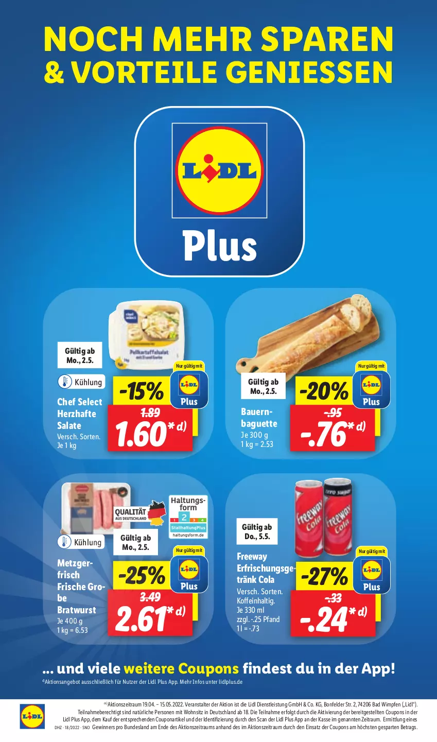 Aktueller Prospekt Lidl - Aktionsprospekt - von 02.05 bis 07.05.2022 - strona 54 - produkty: angebot, auer, Bad, baguette, Bau, Bauer, bratwurst, cola, coupon, coupons, eis, erfrischungsgetränk, getränk, grobe bratwurst, LG, salat, salate, Ti, wurst