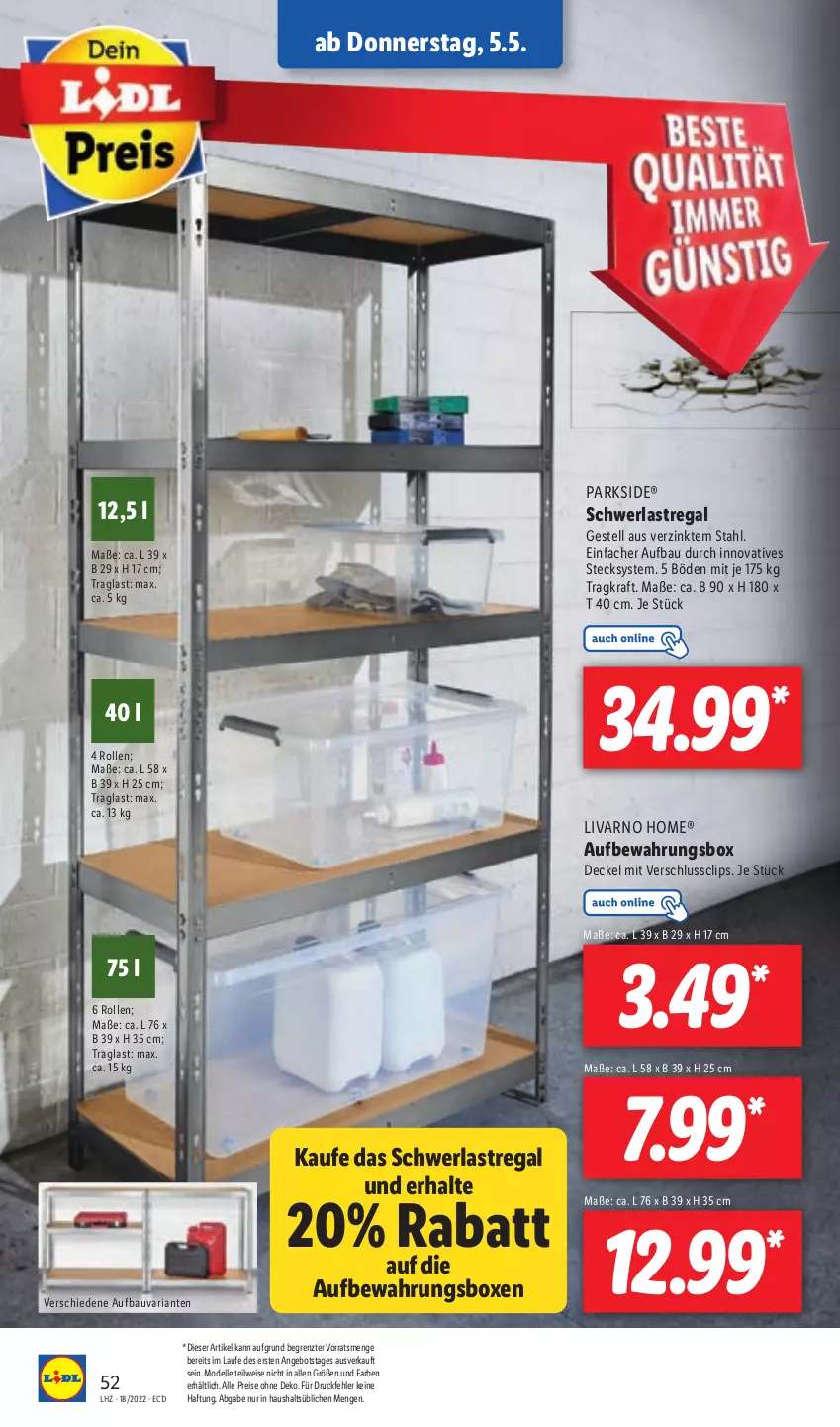 Aktueller Prospekt Lidl - Aktionsprospekt - von 02.05 bis 07.05.2022 - strona 56 - produkty: angebot, aufbewahrungsbox, Bau, decke, Deckel, dell, eis, elle, kraft, Mode, Parkside, regal, reis, Ria, schwerlastregal, Ti, ZTE