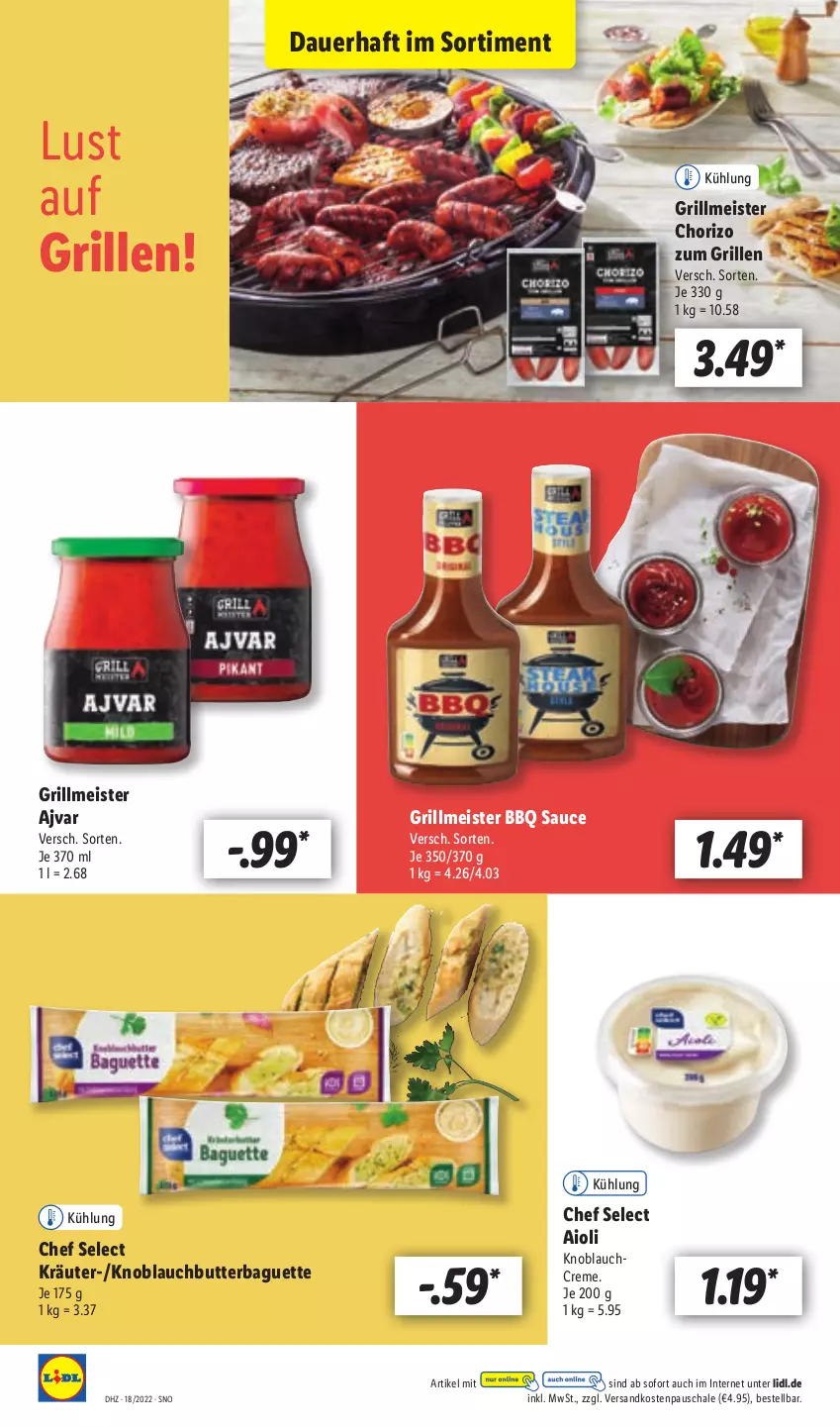 Aktueller Prospekt Lidl - Aktionsprospekt - von 02.05 bis 07.05.2022 - strona 60 - produkty: aioli, Ajvar, auer, baguette, butter, chorizo, creme, eis, grill, knoblauch, Knoblauchbutter, Knoblauchcreme, kräuter, Meister, ndk, sauce, Schal, Schale, Ti