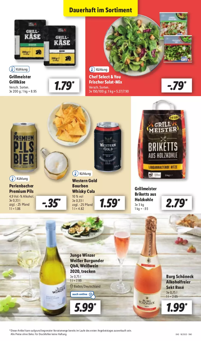 Aktueller Prospekt Lidl - Aktionsprospekt - von 02.05 bis 07.05.2022 - strona 61 - produkty: alkohol, angebot, auer, Bad, bourbon, briketts, burgunder, cola, eier, eis, grill, Grillkäse, Holz, holzkohle, Käse, Meister, perlen, pils, premium pils, reis, salat, sekt, Ti, wein, Weißwein, Weste, whisky, Yo, ZTE