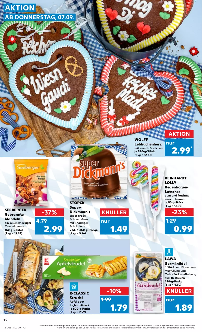 Aktueller Prospekt Kaufland - Prospekt - von 07.09 bis 13.09.2023 - strona 12 - produkty: angebot, apfel, Berger, beutel, Dickmann's, frucht, Germ, joghur, joghurt, Knödel, kuchen, Lebkuchen, LG, Lutscher, mandel, mandeln, nuss, pflaume, pflaumen, pflaumenmus, quark, schoko, schokolade, seeberger, storck, Strudel, Ti, ZTE, zucker