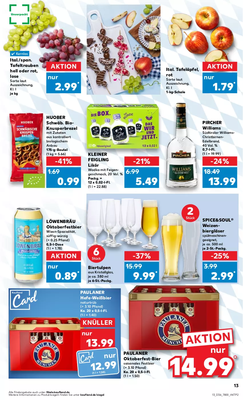 Aktueller Prospekt Kaufland - Prospekt - von 07.09 bis 13.09.2023 - strona 13 - produkty: angebot, angebote, Bau, beutel, bier, bio, Birnen, brezel, Feigen, Gläser, Hefe, huober, kleiner feigling, leine, LG, likör, mac, natur, Paula, paulaner, pircher, Schal, Schale, Spezi, spülmaschinen, südtiroler, tafeläpfel, tafeltrauben, Ti, trauben, trolli, wodka