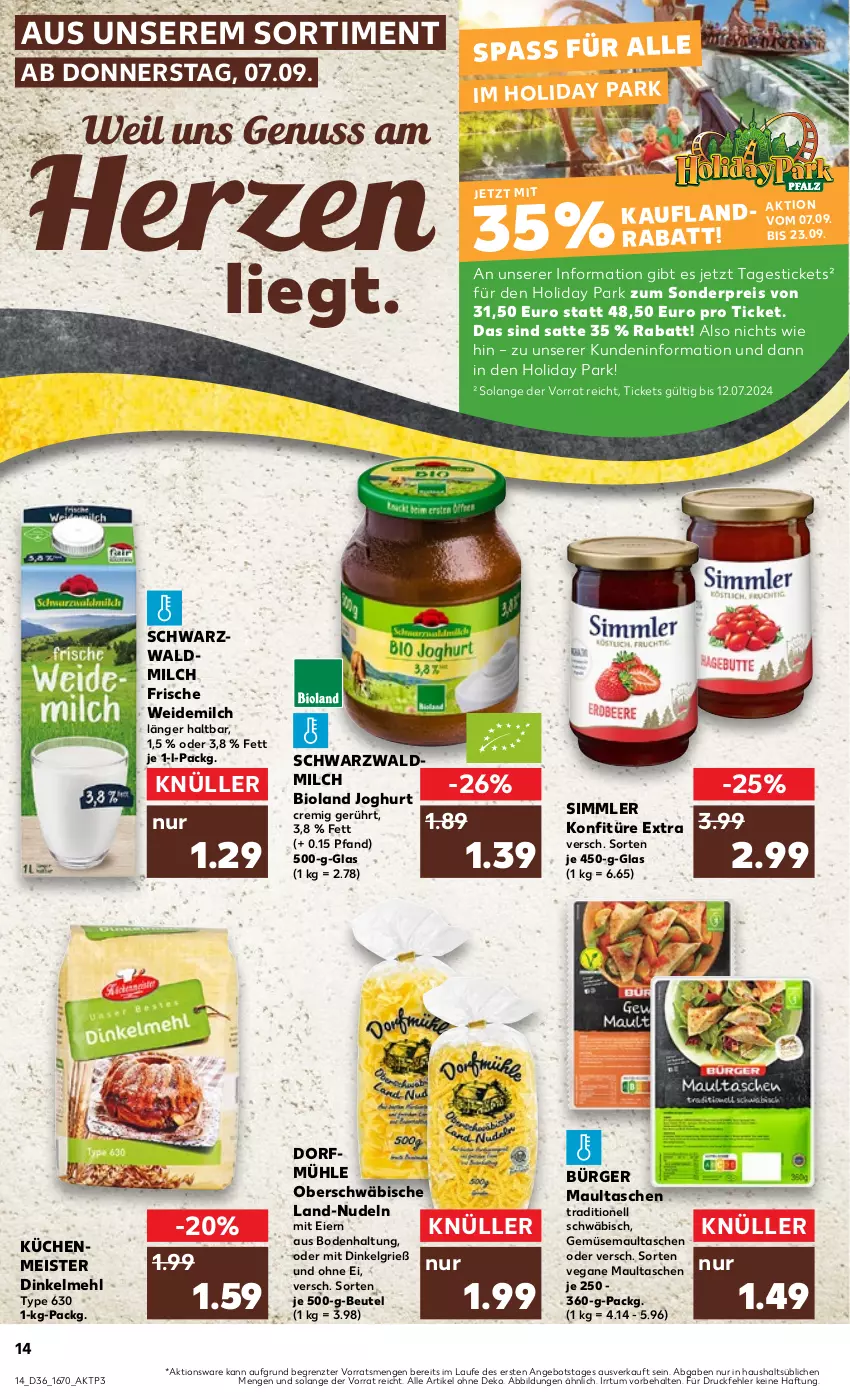 Aktueller Prospekt Kaufland - Prospekt - von 07.09 bis 13.09.2023 - strona 14 - produkty: angebot, beutel, bio, bioland, dinkelmehl, eier, eis, joghur, joghurt, konfitüre, konfitüre extra, küche, Küchen, LG, maultaschen, mehl, Meister, milch, nudel, nudeln, nuss, reis, sim, Tasche, taschen, Ti, weidemilch, ZTE