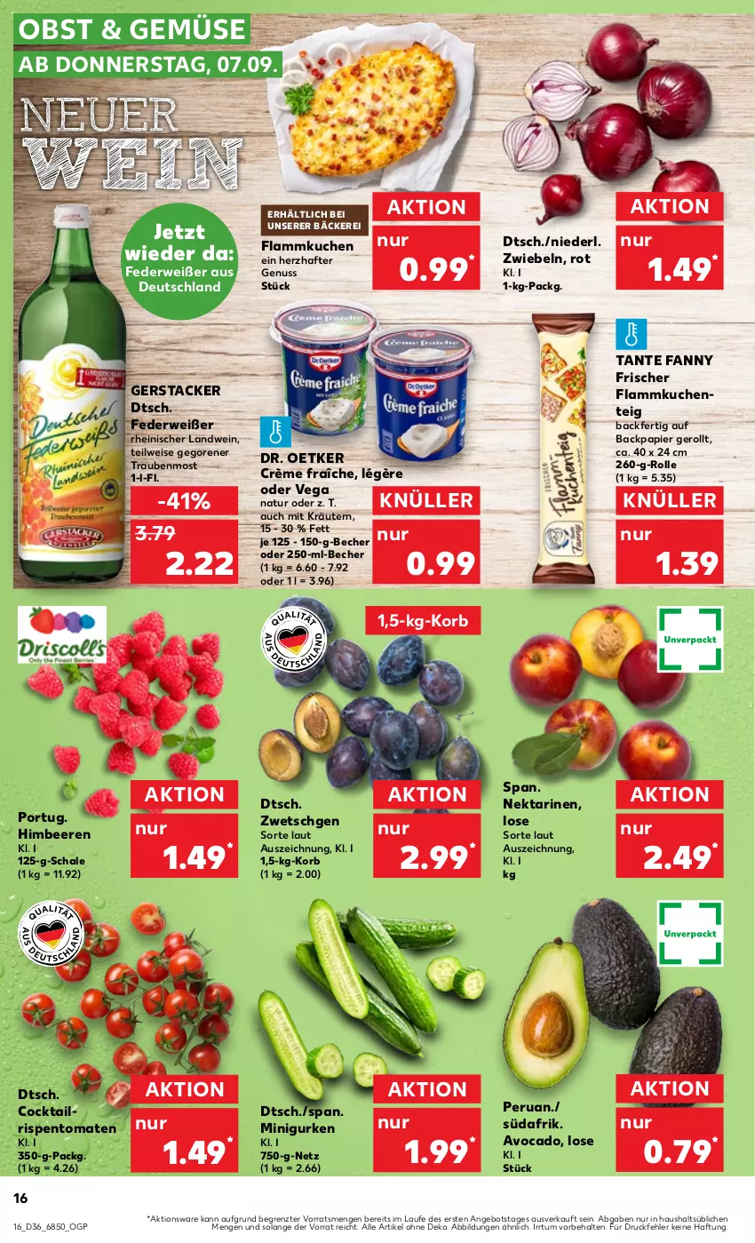 Aktueller Prospekt Kaufland - Prospekt - von 07.09 bis 13.09.2023 - strona 16 - produkty: angebot, avocado, Becher, beere, beeren, cocktail, crème fraîche, Dr. Oetker, eis, flammkuchen, gurke, gurken, himbeer, himbeere, himbeeren, korb, kräuter, kräutern, kuchen, lamm, natur, Nektar, nektarinen, nuss, obst, papier, rispentomaten, rwe, Schal, Schale, tante fanny, Ti, tomate, tomaten, trauben, wein, ZTE, zwiebel, zwiebeln