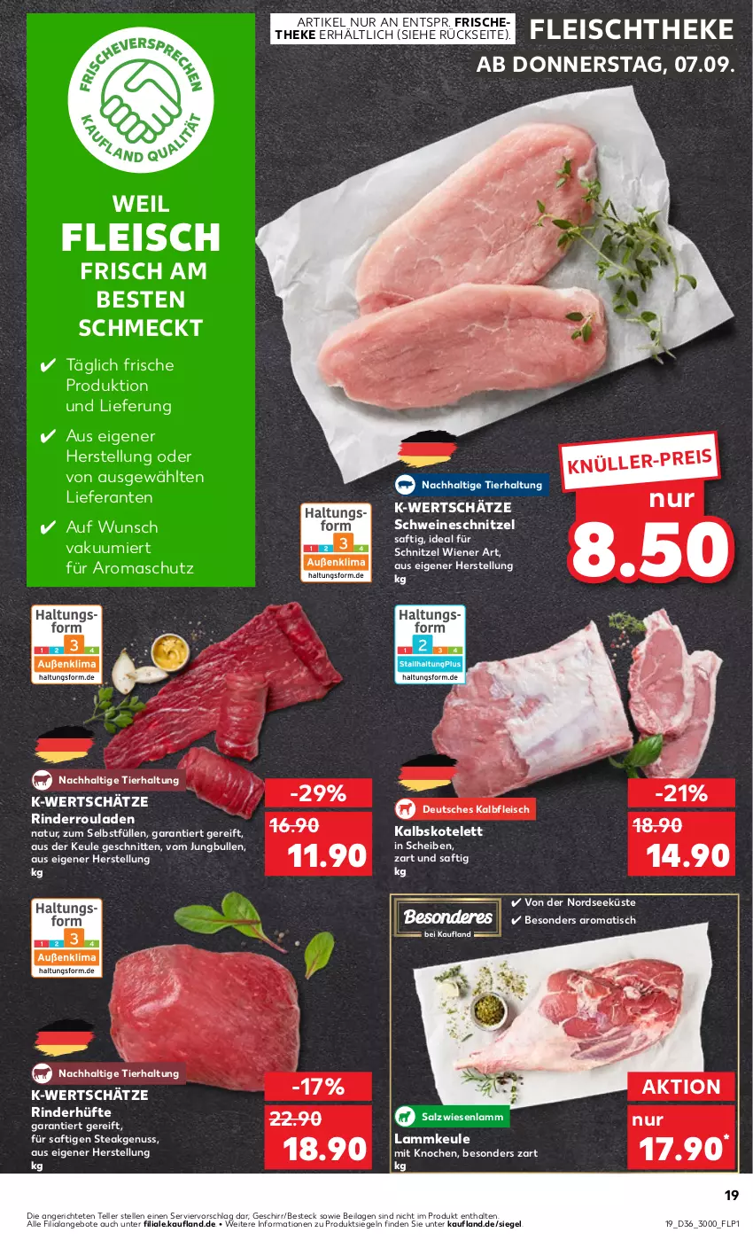 Aktueller Prospekt Kaufland - Prospekt - von 07.09 bis 13.09.2023 - strona 19 - produkty: angebot, angebote, besteck, eis, elle, fleisch, geschirr, ilag, jungbullen, Kalbfleisch, kalbskotelett, kotelett, lamm, lammkeule, natur, Nordsee, nuss, rind, rinder, Rinderhüfte, Rinderroulade, rinderrouladen, rouladen, saft, salz, schnitten, schnitzel, schwein, schweine, schweineschnitzel, steak, teller, Ti, tisch, wein, weine, wiener