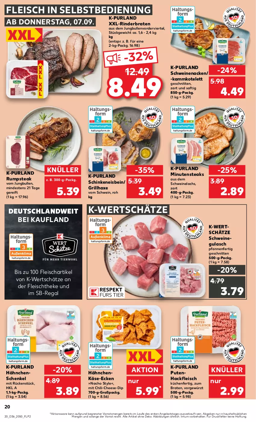 Aktueller Prospekt Kaufland - Prospekt - von 07.09 bis 13.09.2023 - strona 20 - produkty: angebot, axe, braten, chili, dip, eis, fleisch, fleisch in selbstbedienung, gewürz, grill, grillhaxe, gulasch, hackfleisch, hähnchenschenkel, Haxe, henkel, jungbullen, Käse, kotelett, küche, Küchen, lachs, minutensteaks, nacho, pfanne, pfannen, purland, pute, Putenhackfleisch, regal, rind, rinder, rinderbraten, rum, rumpsteak, saft, schenkel, schinken, schnitten, schwein, schweine, schweinegulasch, Schweinelachs, schweinenacken, steak, steaks, Ti, wein, weine, ZTE