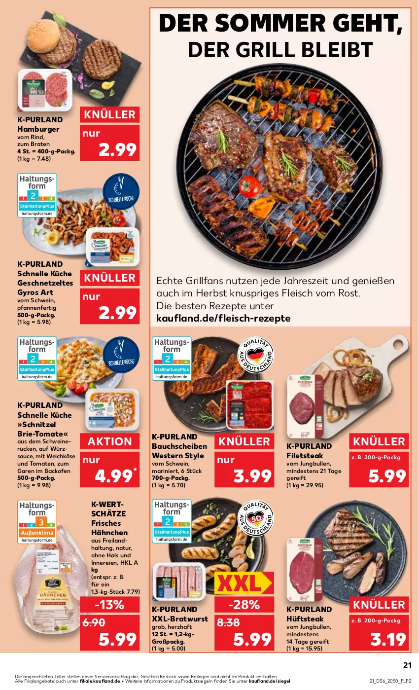 Aktueller Prospekt Kaufland - Prospekt - von 07.09 bis 13.09.2023 - strona 21 - produkty: angebot, angebote, backofen, Bau, bauchscheiben, besteck, braten, bratwurst, brie, burger, eis, elle, filet, filets, fleisch, geschirr, geschnetzeltes, grill, gyros, hamburger, hüftsteak, ilag, jungbullen, Käse, küche, natur, Ofen, pfanne, pfannen, purland, rezept, rezepte, rind, sauce, schnitzel, schwein, schweine, schweinerücken, steak, teller, Ti, tomate, tomaten, weichkäse, wein, weine, Weste, wurst, würzsauce, Zelt