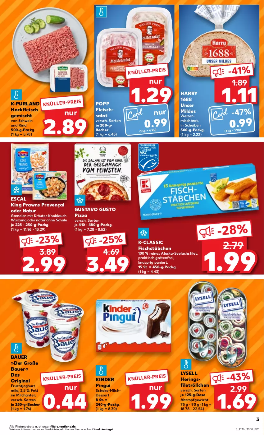 Aktueller Prospekt Kaufland - Prospekt - von 07.09 bis 13.09.2023 - strona 3 - produkty: Alaska-Seelachs, Alaska-Seelachsfilet, angebot, angebote, auer, Bau, Bauer, Becher, brot, dessert, eis, escal, filet, fisch, fischstäbchen, fleisch, fleischsalat, frucht, fruchtjoghurt, garnelen, gin, hackfleisch, hackfleisch gemischt, hering, Herings, joghur, joghurt, joghurt mild, Kinder, kinder pingui, knoblauch, kräuter, lachs, lachsfilet, lysell, milch, Milchdessert, natur, pingui, pizza, Popp, prawns, purland, reis, rind, ring, salat, Schal, Schale, schoko, schwein, schwein und rind, seelachsfilet, Ti, tisch, wein, weizenmischbrot