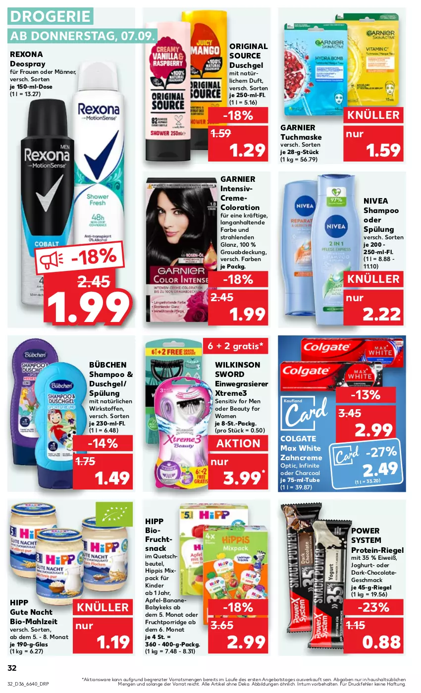 Aktueller Prospekt Kaufland - Prospekt - von 07.09 bis 13.09.2023 - strona 32 - produkty: angebot, apfel, banane, beutel, bio, bübchen, cola, colgate, creme, deo, deospray, duschgel, einwegrasierer, frucht, garnier, gin, hipp, joghur, joghurt, keks, Kinder, LG, mac, Maske, Max White, nivea, porridge, quetschbeutel, rasierer, rexona, riegel, shampoo, shampoo oder spülung, snack, spülung, Ti, tuc, tuchmaske, wilkinson, zahncreme, ZTE