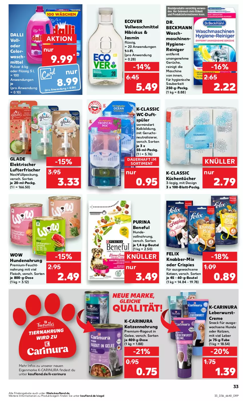 Aktueller Prospekt Kaufland - Prospekt - von 07.09 bis 13.09.2023 - strona 33 - produkty: angebot, angebote, auer, beutel, colorwaschmittel, creme, dalli, Dr. Beckmann, eis, felix, fleisch, gelee, Glade, hundenahrung, katzennahrung, küche, Küchen, küchentücher, leberwurst, lufterfrischer, purina, Ragout, reiniger, snack, Ti, tücher, vollwaschmittel, waschmaschine, waschmaschinen, waschmittel, wurst