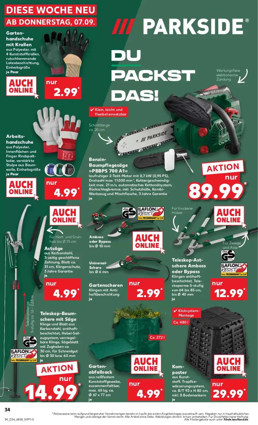 Aktueller Prospekt Kaufland - Prospekt - von 07.09 bis 13.09.2023 - strona 36 - produkty: angebot, angebote, auto, Bau, baumwolle, boss, Elektro, flasche, Garten, Gartenschere, handschuhe, Holz, Kette, Komposter, riegel, rind, sac, säge, Schere, schuhe, schutzhülle, Teleskop, Ti, tisch, werkzeug, wolle, ZTE