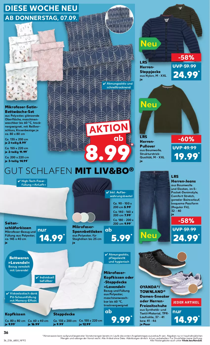 Aktueller Prospekt Kaufland - Prospekt - von 07.09 bis 13.09.2023 - strona 38 - produkty: angebot, angebote, asti, Bau, baumwolle, bett, bettwäsche, beutel, damen-sneaker, decke, Ergee, Freizeitschuhe, herren-jeans, Jacke, jeans, kissen, kopfkissen, lavendel, mikrofaser, Mikrofaserkopfkissen, Pullover, Ria, schuhe, sneaker, spannbettlaken, Steppdecke, Steppjacke, Ti, tisch, Trockner, wolle, ZTE