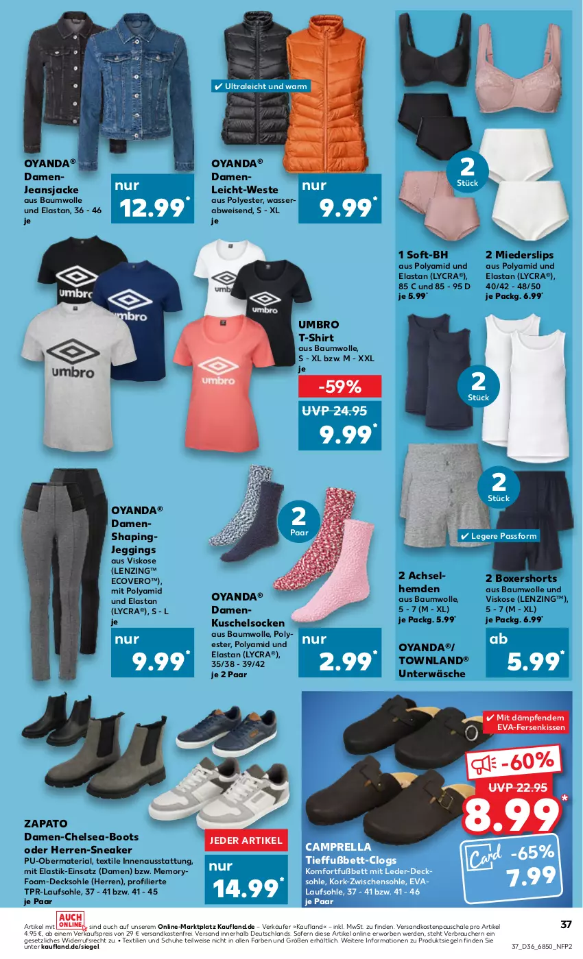 Aktueller Prospekt Kaufland - Prospekt - von 07.09 bis 13.09.2023 - strona 39 - produkty: achselhemd, asti, Bau, baumwolle, bett, Clogs, decksohle, ecovero, eis, erde, gin, hemd, hemden, herren-sneaker, Jacke, jeans, Jeansjacke, kissen, Kuschelsocken, lenzing, ndk, Rauch, reis, rel, Ria, Schal, Schale, schuhe, shirt, shorts, slip, slips, sneaker, socken, T-Shirt, Ti, Umbro, Unterwäsche, versandkostenfrei, wasser, Weste, wolle