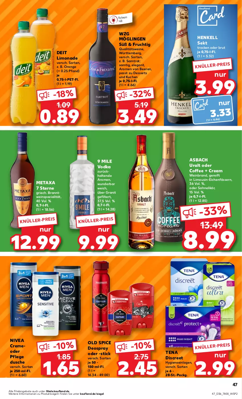 Aktueller Prospekt Kaufland - Prospekt - von 07.09 bis 13.09.2023 - strona 49 - produkty: angebot, angebote, asbach uralt, beere, beeren, brut, creme, deit, deo, deospray, dessert, desserts, Discreet, dusche, eis, frucht, henkel, henkell, henkell sekt, kuchen, likör, limo, limonade, Metaxa, nivea, Old Spice, orange, qualitätswein, qualitätsweine, rotwein, sahne, sekt, Spezi, Ti, vodka, wein, weinbrand, weine