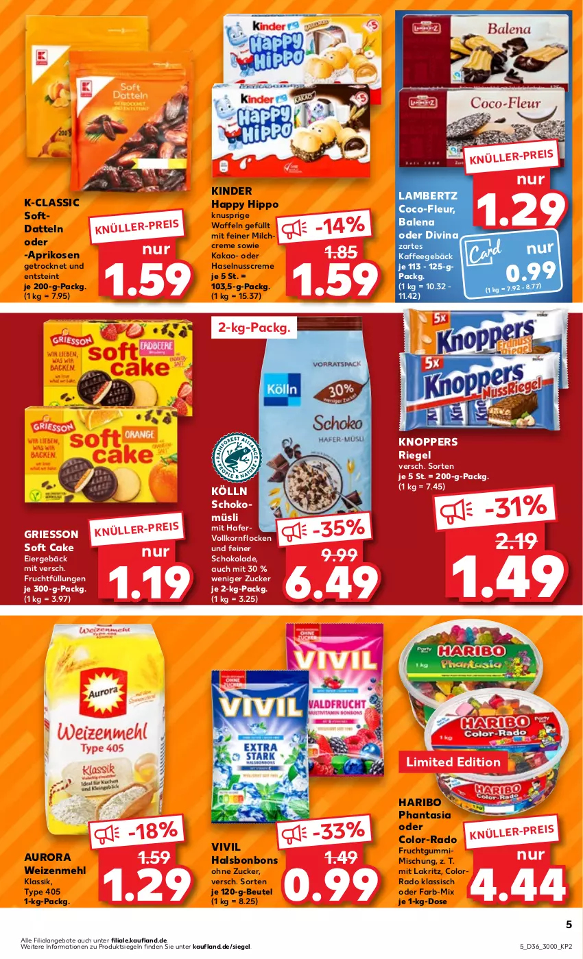 Aktueller Prospekt Kaufland - Prospekt - von 07.09 bis 13.09.2023 - strona 5 - produkty: Amber, angebot, angebote, aprikose, aprikosen, beutel, bonbons, creme, Datteln, eier, eis, frucht, fruchtgummi, griesson, hafer, haribo, haselnuss, Haselnusscreme, hipp, kaffee, kakao, Kinder, knoppers, kölln, korn, Lakritz, lambertz, mehl, milch, müsli, nuss, riegel, schoko, schokolade, schokomüsli, Ti, type 405, waffeln, weizenmehl, zucker