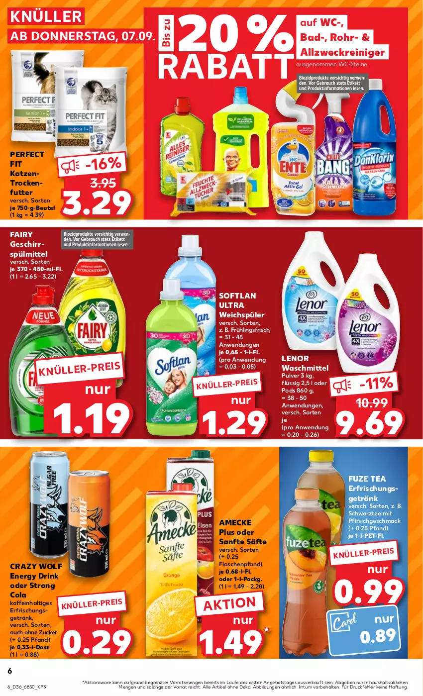 Aktueller Prospekt Kaufland - Prospekt - von 07.09 bis 13.09.2023 - strona 6 - produkty: allzweckreiniger, amecke, angebot, Bad, beutel, cola, drink, eis, energy drink, erfrischungsgetränk, fairy, flasche, fuze tea, geschirr, geschirrspülmittel, getränk, Katzentrockenfutter, lenor, lenor waschmittel, mac, Perfect Fit, pfirsich, Pods, reiniger, säfte, Softlan, spülmittel, tee, Ti, trockenfutter, waschmittel, WC-Steine, weck, weichspüler, ZTE, zucker