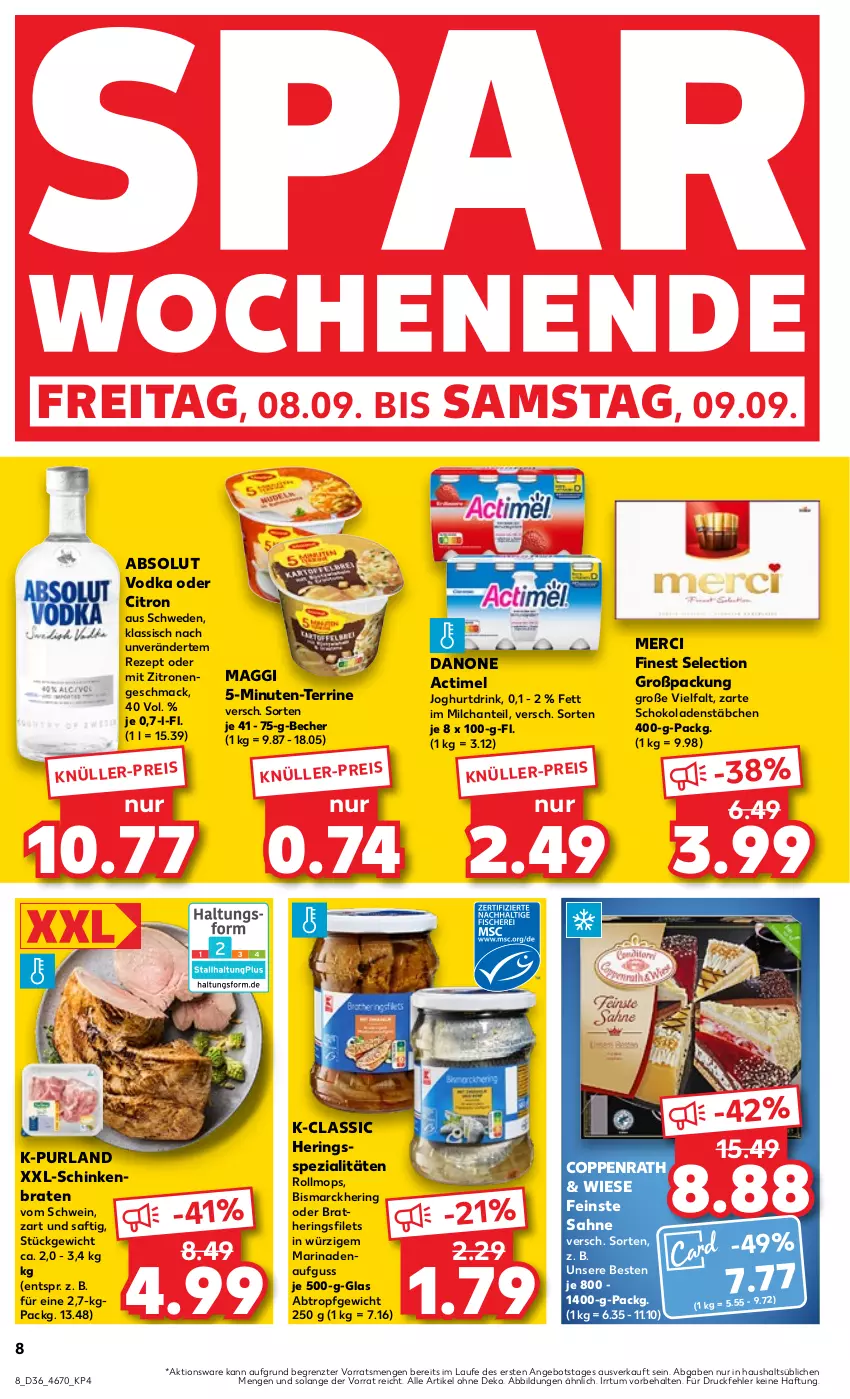 Aktueller Prospekt Kaufland - Prospekt - von 07.09 bis 13.09.2023 - strona 8 - produkty: Absolut Vodka, actimel, angebot, Becher, bismarck, braten, coppenrath, danone, drink, eis, filet, filets, hering, Herings, heringsfilets, joghur, joghurt, Joghurtdrink, mac, maggi, marinade, merci, milch, purland, rezept, ring, saft, sahne, schinken, schinkenbraten, schoko, schokolade, schokoladen, schwein, Spezi, terrine, Ti, vodka, wein, zitrone, zitronen, ZTE