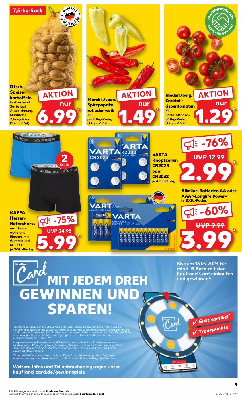 Aktueller Prospekt Kaufland - Prospekt - von 07.09 bis 13.09.2023 - strona 9 - produkty: angebot, angebote, batterie, batterien, Bau, baumwolle, cocktail, coupon, coupons, die kaufland, eis, elle, gewinnspiel, gutschein, kappa, kartoffel, kartoffeln, kerze, LG, longlife, paprika, retroshorts, rispentomaten, rwe, sac, shorts, speisekartoffeln, Spiele, Spitzpaprika, Sushi, Tasche, taschen, Tchibo, telefon, Ti, tomate, tomaten, varta, wolle