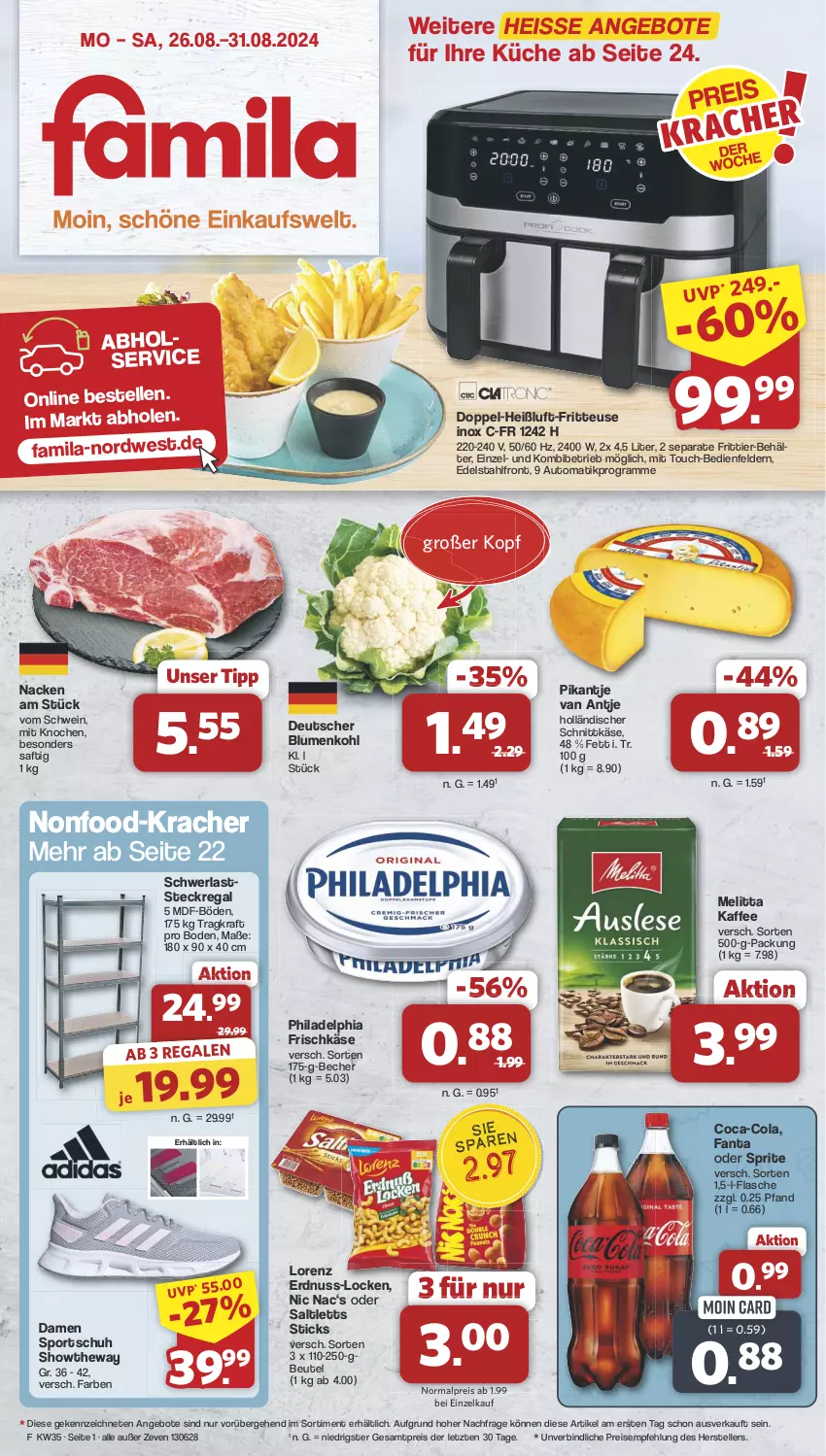 Aktueller Prospekt Famila - Prospekte - von 26.08 bis 31.08.2024 - strona 1 - produkty: angebot, angebote, auto, Becher, Behälter, beutel, blume, blumen, blumenkohl, coca-cola, cola, Eckregal, edelstahl, eis, elle, erdnuss, fanta, fanta oder, fanta oder sprite, flasche, frischkäse, fritteuse, holländischer schnittkäse, kaffee, Käse, kracher, kraft, küche, lorenz, melitta, nuss, oder sprite, philadelphia, regal, reis, saft, saltletts, schnittkäse, schwein, Sport, sprite, steckregal, teller, Ti, wein, ZTE