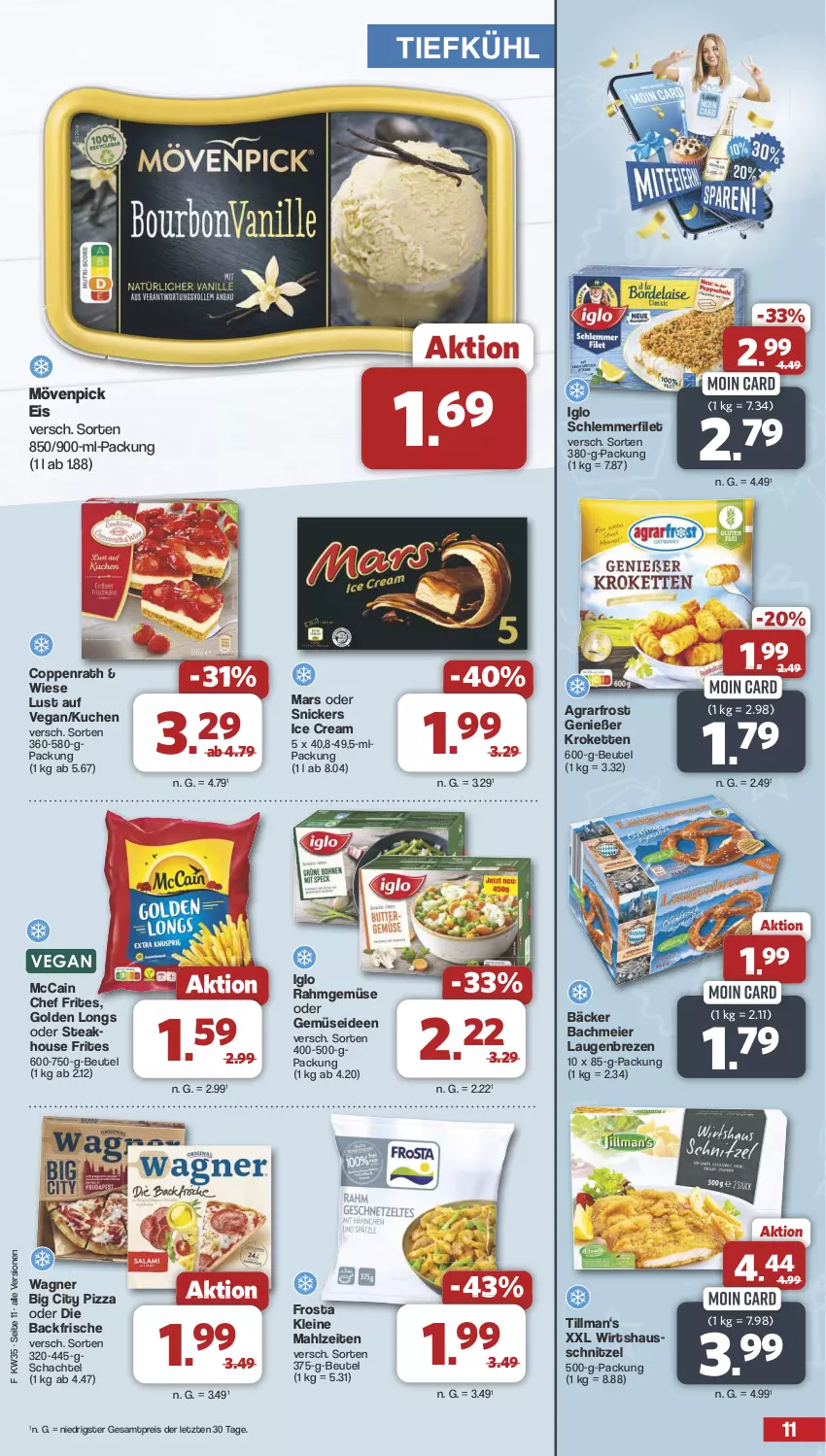 Aktueller Prospekt Famila - Prospekte - von 26.08 bis 31.08.2024 - strona 11 - produkty: agrarfrost, beutel, coppenrath, eier, eis, filet, frosta, Golden Longs, iglo, Kette, Kroketten, kuchen, leine, mars, mccain, mövenpick, mövenpick eis, pizza, Rahmgemüse, reis, schlemmerfilet, schnitzel, snickers, steak, Ti, wagner, ZTE