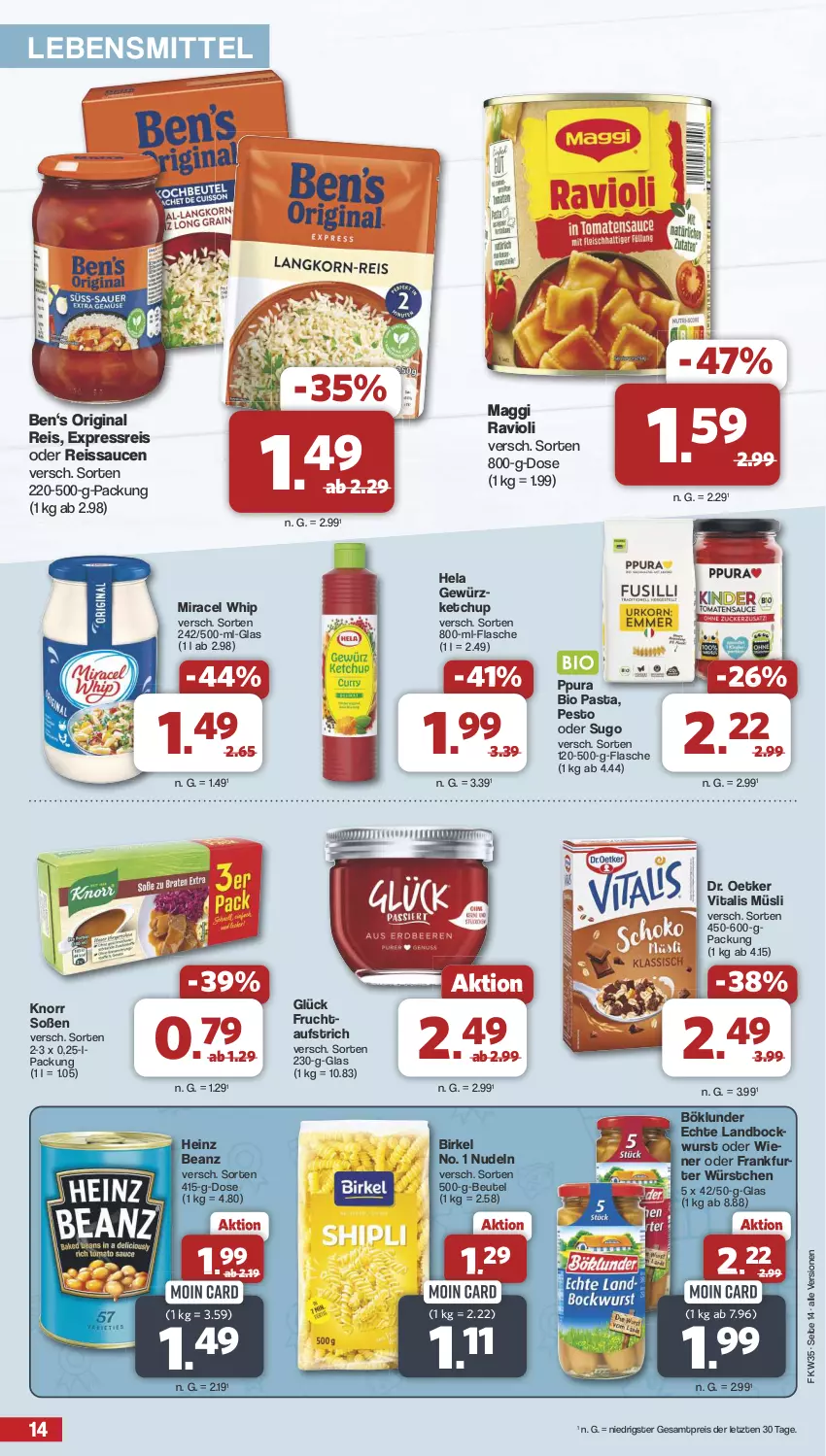 Aktueller Prospekt Famila - Prospekte - von 26.08 bis 31.08.2024 - strona 14 - produkty: aufstrich, beanz, beutel, bio, birkel, böklunder, Dr. Oetker, eis, flasche, frucht, gewürz, gin, heinz, Hela, ketchup, knorr, lebensmittel, maggi, miracel, miracel whip, müsli, nudel, nudeln, pasta, pesto, ravioli, reis, reiss, sauce, saucen, Soße, Sugo, Ti, vita, vitalis, vitalis müsli, wurst, würstchen, ZTE