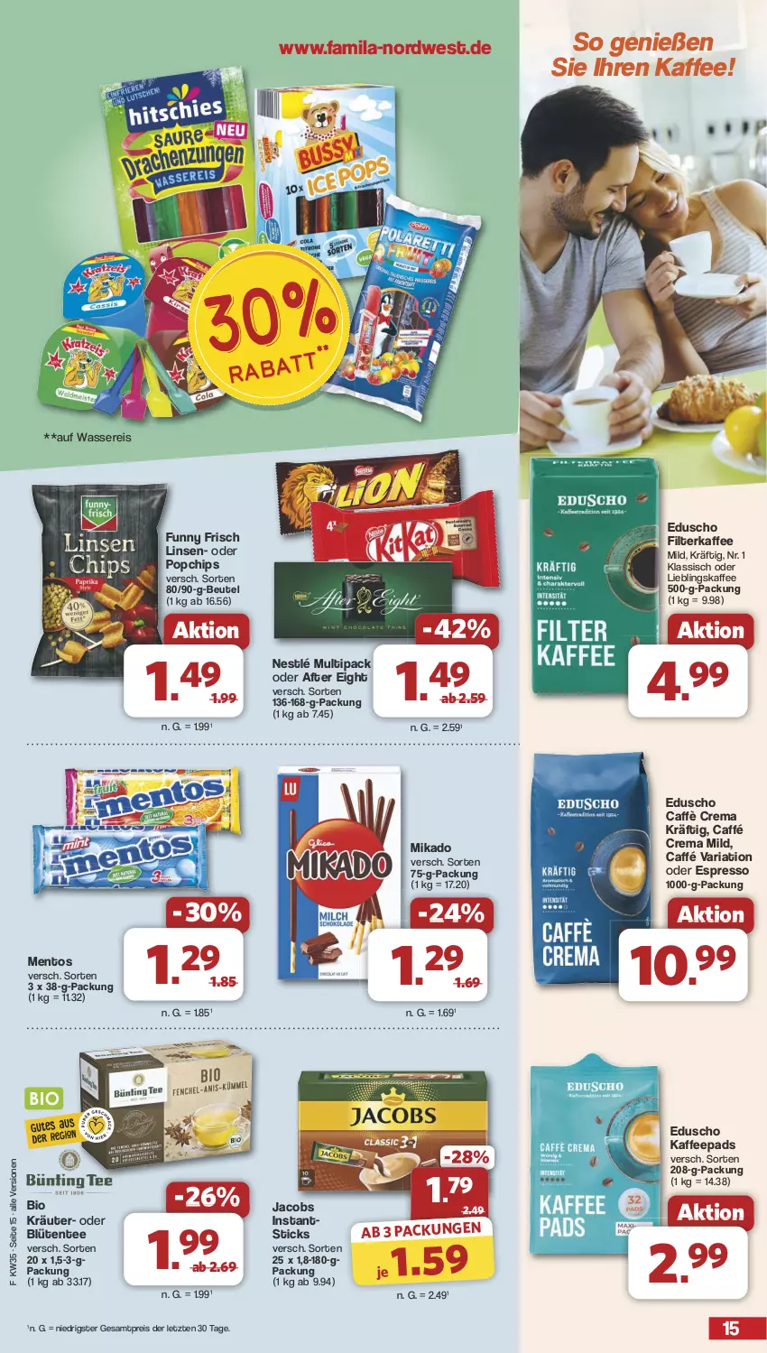 Aktueller Prospekt Famila - Prospekte - von 26.08 bis 31.08.2024 - strona 15 - produkty: after eight, beutel, bio, Blüte, caffè crema, chips, eduscho, eis, ente, espresso, filterkaffee, Funny Frisch, jacobs, kaffee, kaffeepads, kräuter, linsen, mentos, mikado, nestlé, oder espresso, reis, Ria, tee, Ti, wasser, wassereis, ZTE