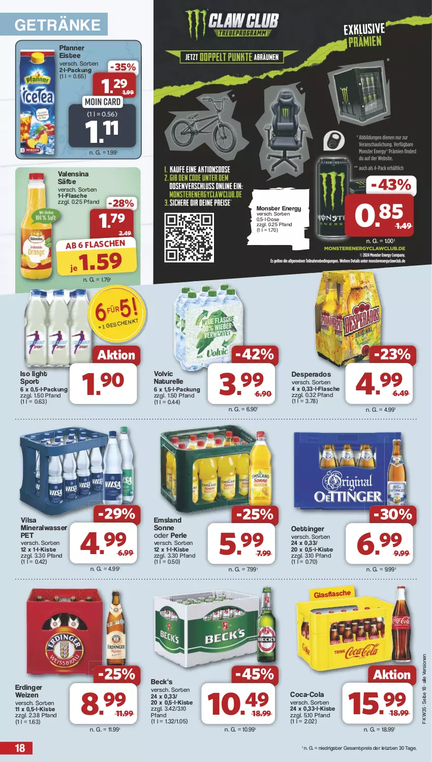 Aktueller Prospekt Famila - Prospekte - von 26.08 bis 31.08.2024 - strona 18 - produkty: Alwa, coca-cola, cola, desperados, eis, eistee, elle, erdinger, flasche, getränk, getränke, glasflasche, mineralwasser, monster, Monster Energy, natur, oettinger, pfanne, Pfanner, reis, rel, säfte, Sport, tee, Ti, valensina, vilsa, volvic, wasser, ZTE