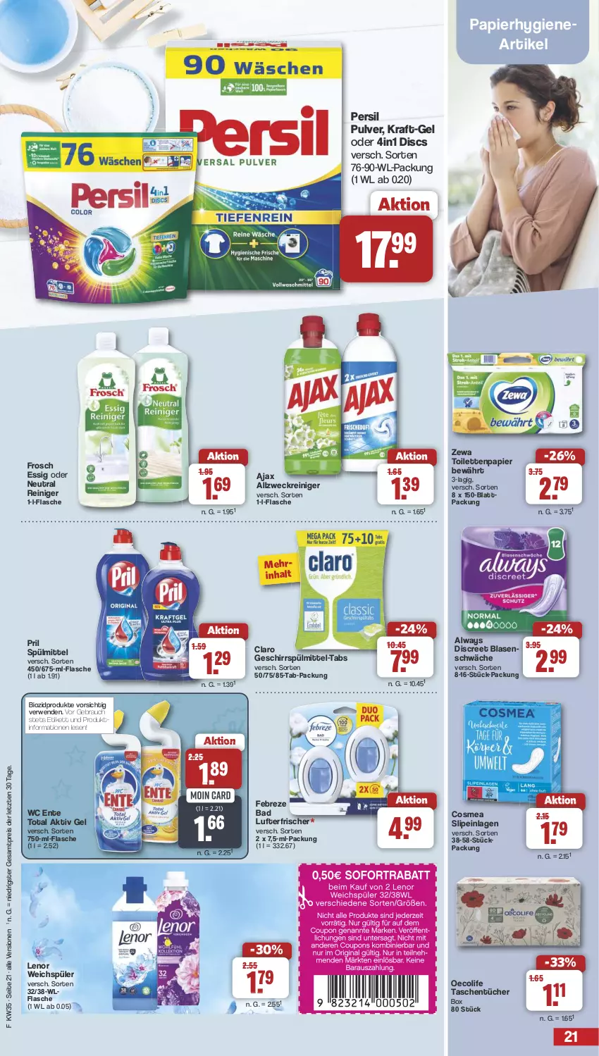 Aktueller Prospekt Famila - Prospekte - von 26.08 bis 31.08.2024 - strona 21 - produkty: ajax, aktiv gel, allzweckreiniger, Alwa, Always, Bad, bio, biozidprodukte, cosmea, coupon, coupons, Discreet, eis, ente, essig, febreze, flasche, Frosch, geschirr, geschirrspülmittel, gin, kraft, lenor, lenor weichspüler, lufterfrischer, papier, persil, pril, Rauch, reiniger, reis, rwe, slip, slipeinlagen, sofortrabatt, spülmittel, Tasche, taschen, taschentücher, Ti, toilettenpapier, tücher, wc ente, weck, weichspüler, zewa, ZTE