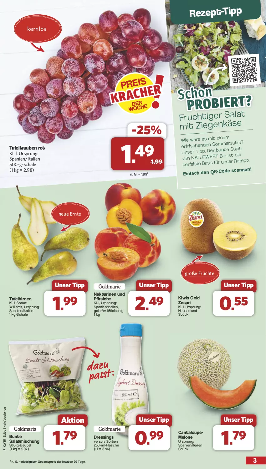 Aktueller Prospekt Famila - Prospekte - von 26.08 bis 31.08.2024 - strona 3 - produkty: beutel, bio, Birnen, dressing, eis, Elan, flasche, fleisch, früchte, kiwi, melone, Nektar, nektarinen, pfirsich, pfirsiche, reis, rezept, rezept-tipp, salat, Schal, Schale, tafelbirnen, tafeltrauben, Ti, trauben, zespri, ZTE