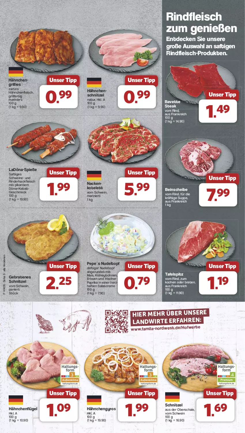 Aktueller Prospekt Famila - Prospekte - von 26.08 bis 31.08.2024 - strona 5 - produkty: bohne, bohnen, braten, creme, decke, eis, erbsen, fleisch, grill, gyros, hackfleisch, Hähnchenfleisch, hähnchenflügel, Hähnchengyros, Hähnchenschnitzel, kidney, kotelett, mac, mais, natur, nudel, paprika, rind, rinder, rinderhackfleisch, rindfleisch, saft, salat, salatcreme, Schal, Schale, schnitzel, schwein, schweine, steak, suppe, tafelspitz, Ti, topf, wein, weine