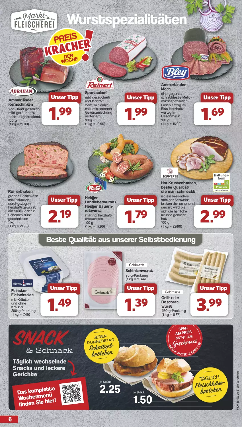 Aktueller Prospekt Famila - Prospekte - von 26.08 bis 31.08.2024 - strona 6 - produkty: ammerländer, auer, Bau, Bauer, braten, bratwurst, brötchen, eis, fleisch, fleischkäse, fleischsalat, gewürz, Gewürzmischung, grill, Käse, kernschinken, kräuter, krustenbraten, landleberwurst, leberwurst, mac, merl, Mett, mettwurst, mit pistazien, natur, pistazien, reis, ring, rostbratwurst, Rotwurst, saft, salami, salat, salz, schinken, schinkenwurst, schnitten, schnitzel, schwein, schweine, schweinebraten, snack, snacks, Spezi, Sport, Ti, tisch, wein, weine, wurst