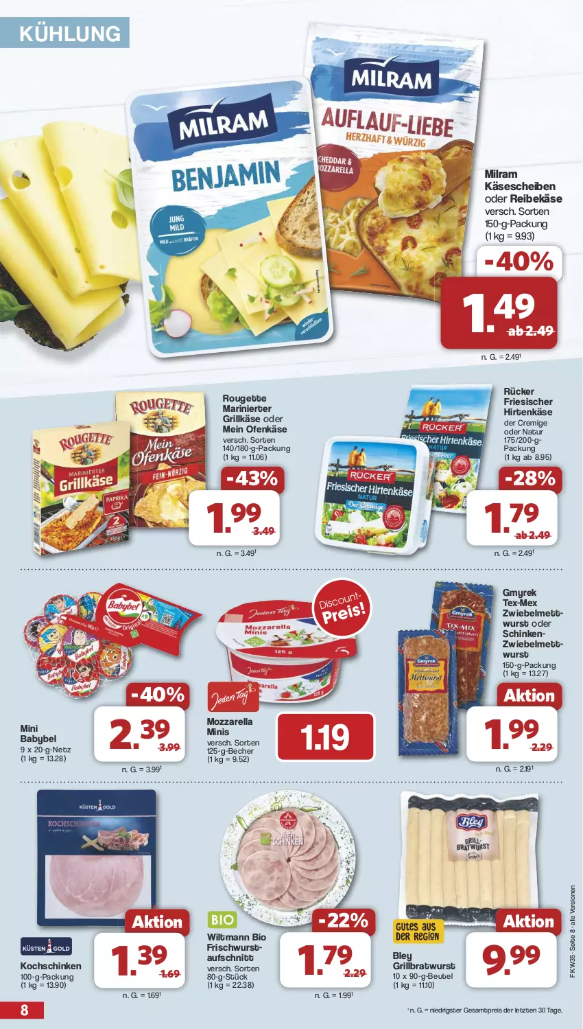 Aktueller Prospekt Famila - Prospekte - von 26.08 bis 31.08.2024 - strona 8 - produkty: aufschnitt, babybel, Becher, beutel, bio, bley, bratwurst, eis, friesischer hirtenkäse, grill, grillbratwurst, Grillkäse, hirtenkäse, Käse, käsescheiben, kochschinken, Mett, mettwurst, milram, mini babybel, mozzarella, natur, Ofen, Ofenkäse, Reibekäse, reis, rel, rouge, rougette, schinken, Ti, wiltmann, wurst, ZTE, zwiebel, zwiebelmettwurst