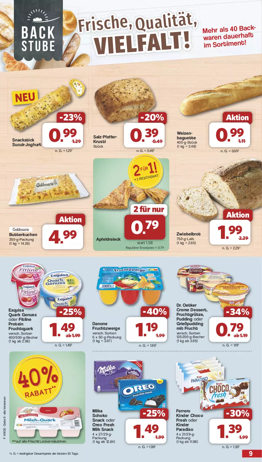 Aktueller Prospekt Famila - Prospekte - von 26.08 bis 31.08.2024 - strona 9 - produkty: apfel, auer, backwaren, baguette, Becher, brot, butter, choco fresh, creme, danone, danone fruchtzwerge, dessert, Dr. Oetker, eis, exquisa, ferrero, fitline, frischli, frucht, fruchtgrütze, Fruchtquark, fruchtzwerge, Grießpudding, grütze, joghur, joghurt, Kinder, Kinder Choco fresh, kuchen, leckermäulchen, milka, mit frucht, nuss, oreo, pfeffer, pudding, quark, quark genus, quark genuss, reis, salz, schoko, snack, snacks, Sucuk, Ti, ZTE, zwiebel