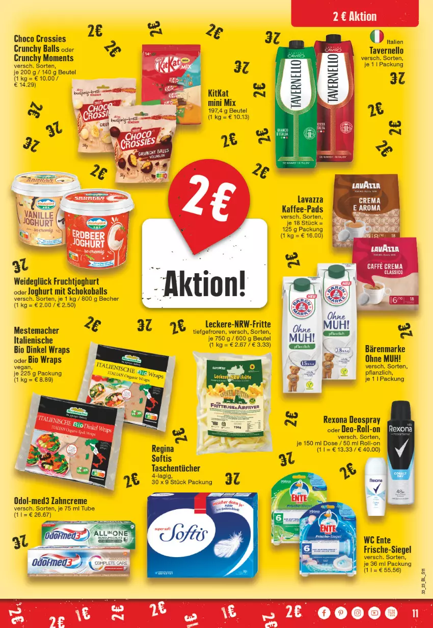 Aktueller Prospekt Edeka - Angebote der Woche - von 14.08 bis 19.08.2023 - strona 11 - produkty: ball, bärenmarke, Becher, beutel, bio, choco crossies, creme, crossies, deo, deospray, ente, frucht, fruchtjoghurt, joghur, joghurt, kaffee, kaffee-pads, kitkat, lavazza, mac, mestemacher, Odol, rexona, roll-on, schoko, Tasche, taschen, taschentücher, Ti, tücher, wrap, wraps, zahncreme