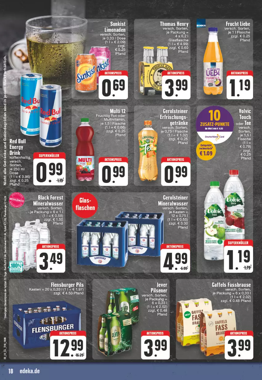 Aktueller Prospekt Edeka - Angebote der Woche - von 14.08 bis 19.08.2023 - strona 18 - produkty: aktionspreis, Alwa, black forest, brause, burger, deutschland card, eis, fassbrause, flasche, flensburger, frucht, gerolsteine, gerolsteiner, getränk, getränke, glasflasche, jever, lack, limo, limonade, limonaden, mineralwasser, pils, pilsener, red bull, reis, steiner, tee, thomas henry, Ti, vita, volvic, wasser, ZTE