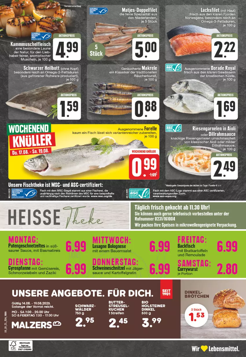 Aktueller Prospekt Edeka - Angebote der Woche - von 14.08 bis 19.08.2023 - strona 24 - produkty: aioli, aktionspreis, angebot, angebote, aqua, beere, beeren, Dorade, dorade royal, eier, eis, elle, ente, filet, fisch, fische, Fischer, fleisch, garnelen, lachs, lachsfilet, lebensmittel, malz, matjes, Muscheln, natur, omega, Omega-3, reis, riesengarnelen, sauce, Schere, Spezi, tee, telefon, Ti, tisch, uhr