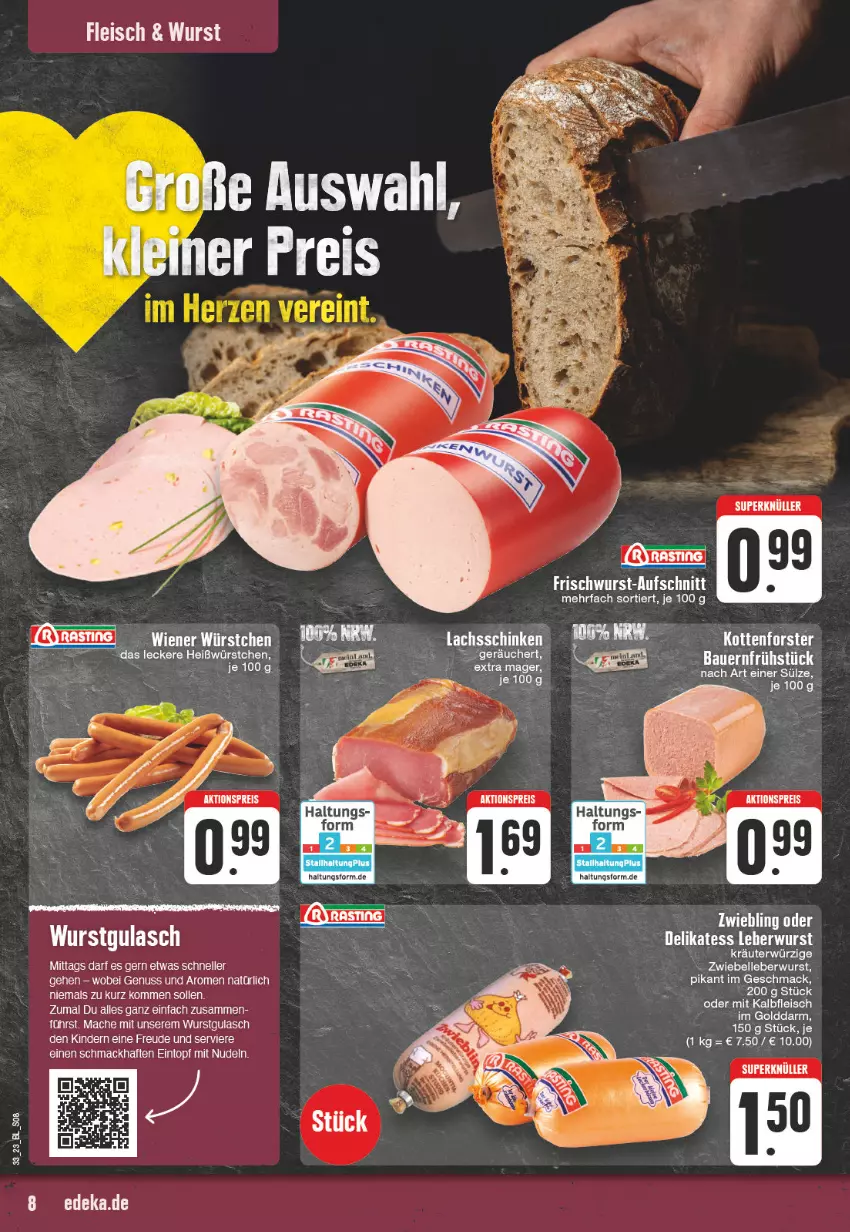 Aktueller Prospekt Edeka - Angebote der Woche - von 14.08 bis 19.08.2023 - strona 8 - produkty: aktionspreis, auer, aufschnitt, Bau, Bauer, eintopf, eis, elle, fleisch, frischwurst-aufschnitt, gulasch, kräuter, leberwurst, mac, nudel, nudeln, reis, Ti, topf, wiener, wiener würstchen, wurst, würstchen, zwiebel