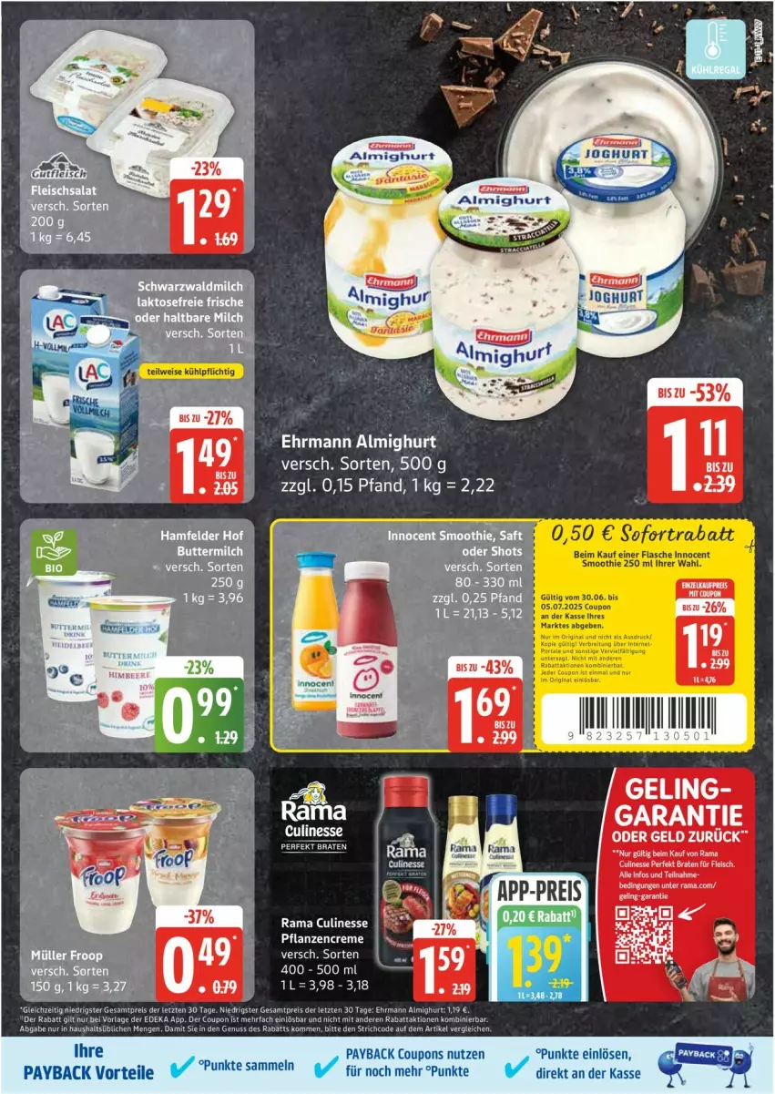 Aktueller Prospekt Edeka - Prospekte - von 30.06 bis 05.07.2025 - strona 11 - produkty: almighur, almighurt, butter, buttermilch, coupon, creme, culinesse, ehrmann, ehrmann almighurt, eis, flasche, froop, Innocent, milch, Müller, müller froop, payback, pflanze, pflanzen, pflanzencreme, rama, Rama Culinesse, reis, saft, smoothie, tee, Ti, ZTE