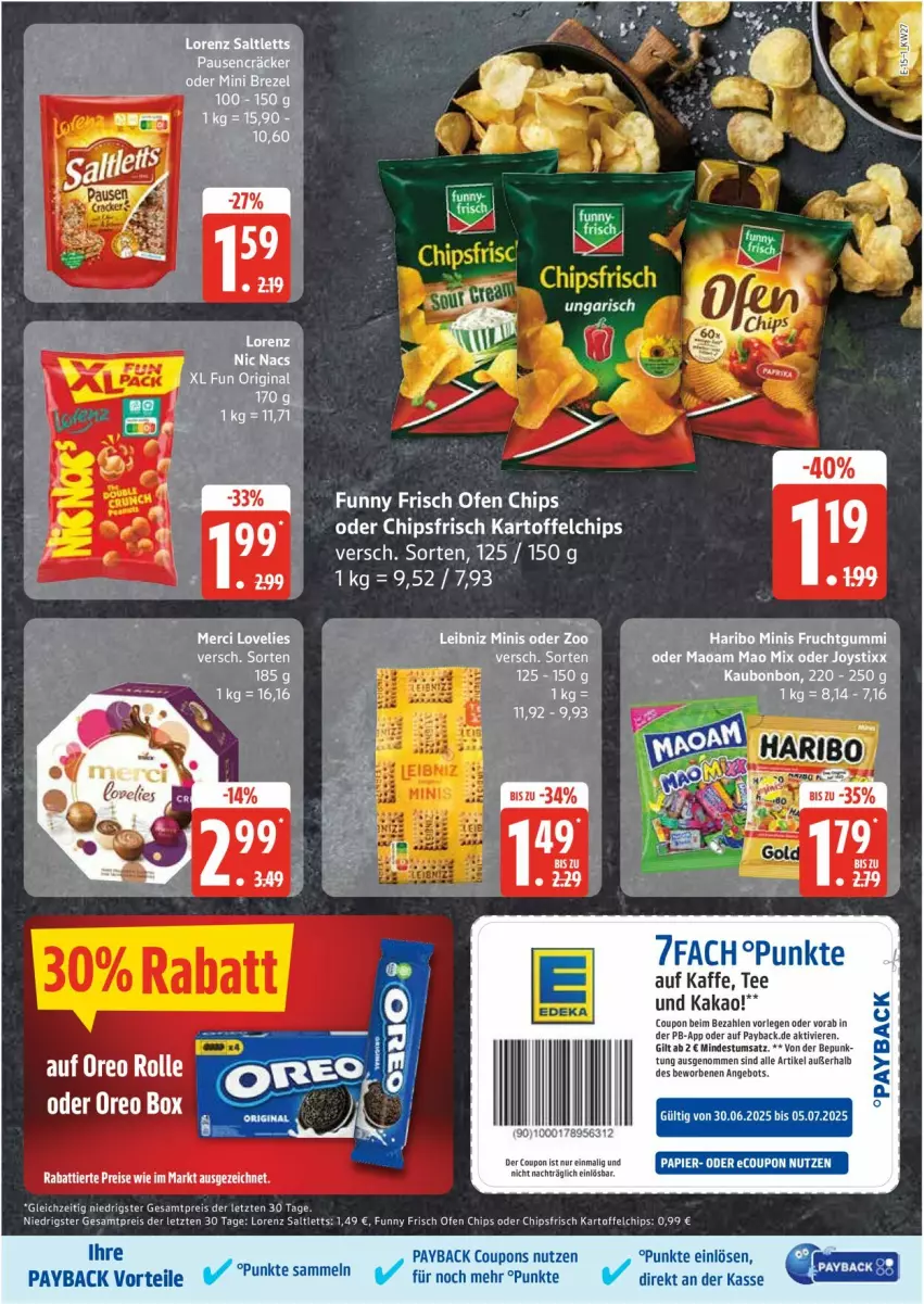 Aktueller Prospekt Edeka - Prospekte - von 30.06 bis 05.07.2025 - strona 15 - produkty: angebot, chips, chipsfrisch, coupon, coupons, eis, Funny Frisch, gin, haribo, kakao, kartoffel, kartoffelchips, lorenz, maoam, Ofen, oreo, payback, reis, saltletts, tee, Ti, ZTE