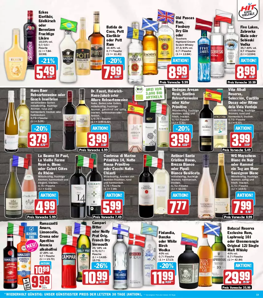 Aktueller Prospekt Hit - Wochenprospekt - von 12.05 bis 17.05.2025 - strona 13 - produkty: alkohol, amaro, asti, aust, Bad, batida, Bau, berentzen, bio, campari, chia, chianti, dry gin, eier, eierlikör, eis, erde, finsbury, flasche, frucht, früchte, früchten, gin, jako, käfer, kirsch, laphroaig, likör, limo, primitivo, rama, ramazzott, ramazzotti, rebsortenweine, reis, resa, rum, saft, sauvignon, sauvignon blanc, scotch, scotch whisky, single malt, Ti, tuc, Vermouth, vodka, wein, weine, whisky, wodka, zott, ZTE