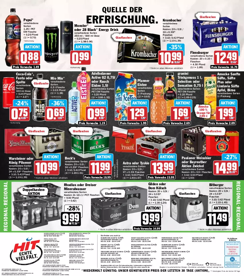 Aktueller Prospekt Hit - Wochenprospekt - von 12.05 bis 17.05.2025 - strona 21 - produkty: adelholzener, Alwa, amecke, angebot, angebote, apfel, Astra, auer, Bad, bier, bio, bitburger, braun, burger, coca-cola, cola, drink, eimer, eis, eistee, elle, energy drink, Engel, fanta, fanta oder, fisch, flasche, flensburger, glasflasche, granini, Holz, könig pilsener, krombache, krombacher, lack, Lübecker, mineralwasser, Mio Mio, monster, nuss, orange, Paula, paulaner, pepsi, pfanne, Pfanner, pils, pilsener, Rauch, reis, säfte, sprite, steiner, tee, Ti, tyskie, uhr, warsteiner, wasser, weissbier, WICK, ZTE
